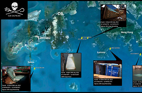 Current locations of the 5 located containers with spilled plastic pellets; 1 container is still missing (Map provided courtesy of Sea Shepherd and Hong Kong Coast Watch