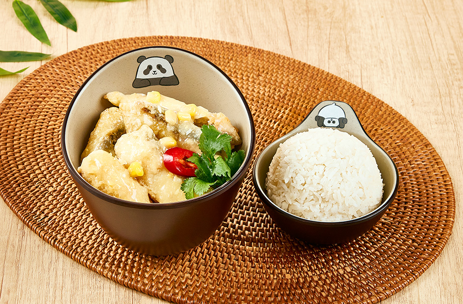 粟米魚塊配絲苗白飯